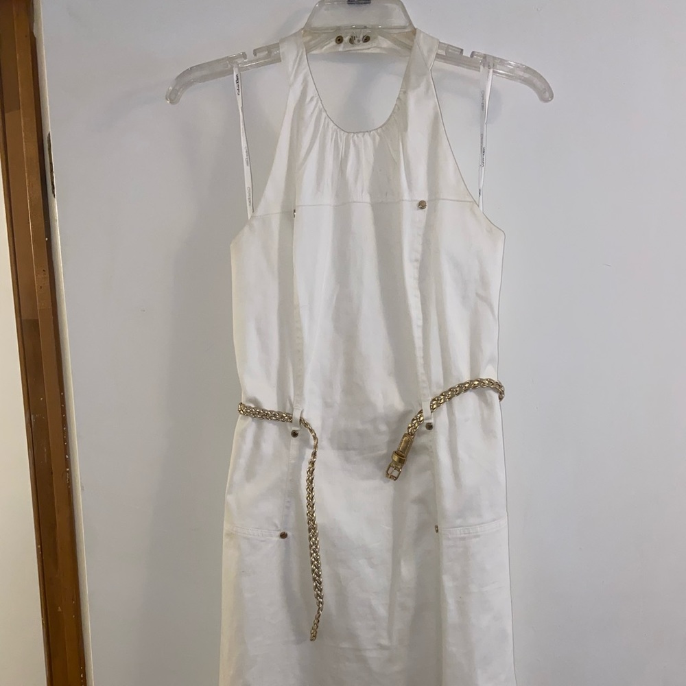 Sz 6 Calvin Klein white halter dress w/ gold belt